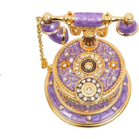 Hand Painted Enameled Telephone Decorative Hinged Jewelry Trinket Box Home Decor - Picture 6 of 6